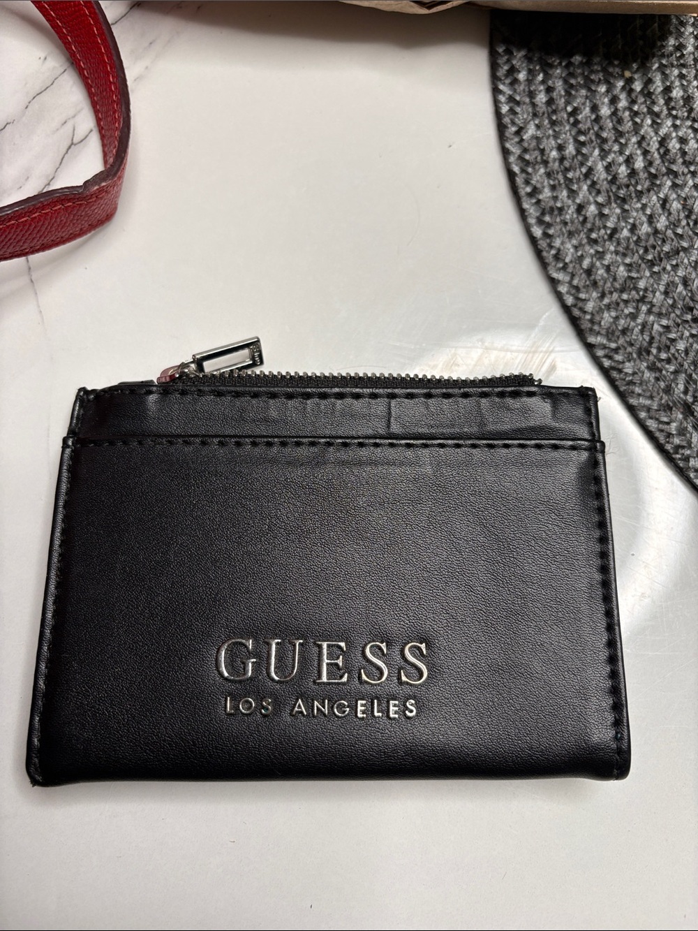 GUESS Black Leather Logo Zip Card Case